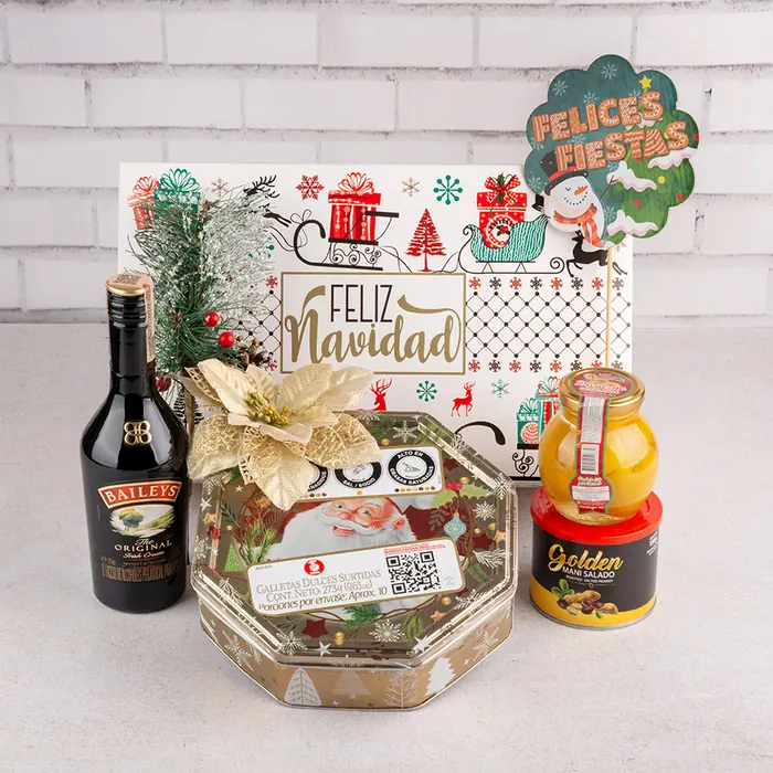 Ancheta de Navidad Sabrosa con crema Baileys y cofre de galletas Noel