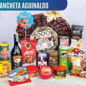 Ancheta navideña Aguinaldo de $385.000 con crema de whisky Baileys de 750 ml, arenque Rugen Fisch, queso Alpina y panettone en canasta de mimbre
