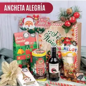 Ancheta navideña Alegría de $61.000 con vino Gato Negro, almendras francesas, galletas Greco, barquillos y masmelos en caja de Navidad