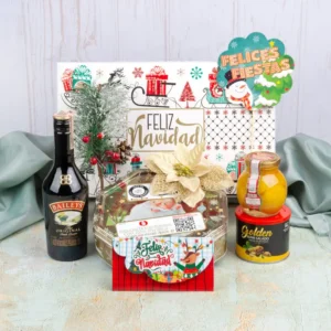 Ancheta navideña de $125.000 con crema de whisky Baileys Original de 375 ml, galletas dulces surtidas en cofre octagonal, maní Golden y durazno en almíbar