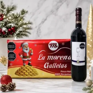 Ancheta navideña Brindis de Navidad de $16.900 con vino de uva de 0 grados y galleta La Morena de 180 gramos en caja de Navidad