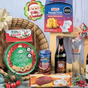 Ancheta navideña de $155.000 con cerveza Erdinger Dunkel y Weissbier, vaso de cristal Erdinger, panetón Bimbo de 450 g y galletas Royal Dansk en canasta de junco