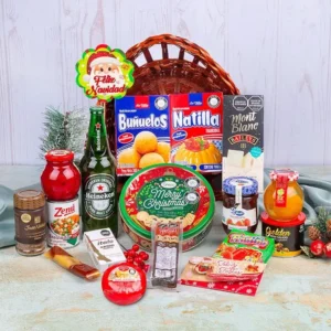 Ancheta navideña de $225.000 con cerveza Hollandia Premium, queso holandés, buñuelos y natilla La Villa, café Juan Valdez y maní Golden en canasta de mimbre