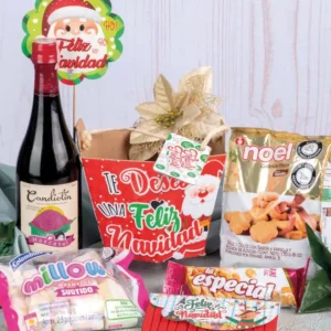 Ancheta navideña en balde de $42.000 con vino Candiotín Moscatel, galletas Noel Antojos, masmelos Millows y maní La Especial