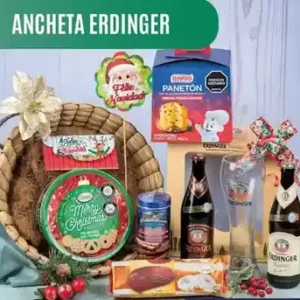 Ancheta navideña Erdinger de $155.000 con kit de cervezas alemanas Erdinger con vaso en cristal y panetón Bimbo en canasta de junco