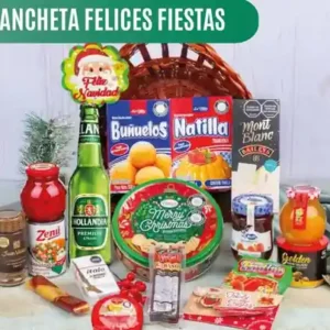 Ancheta navideña Felices Fiestas de $225.000 con cerveza Hollandia, queso holandés Alpina, cabanos Porchi, buñuelos y natilla en canasta ovalada de mimbre