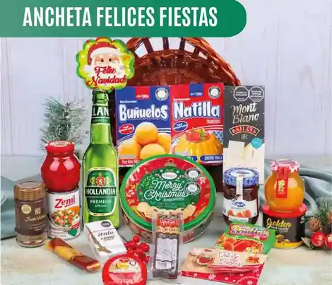 Ancheta navideña Felices Fiestas de $225.000 con cerveza Hollandia, queso holandés Alpina, cabanos Porchi, buñuelos y natilla en canasta ovalada de mimbre