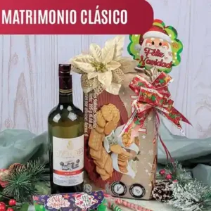 Ancheta navideña Matrimonio Clásico de $25.000 con vino de uva 0 grados de 750 ml, galletas Noel o Greco y bastones dulces en bolsa de Navidad