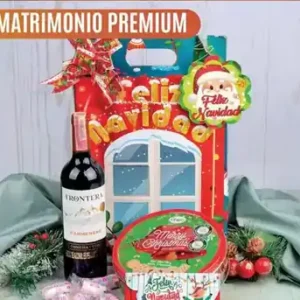 Ancheta navideña Matrimonio Premium de $84.000 con vino Frontera de 750 ml, galletas Greco en lata de 230 gramos y masmelos Millows