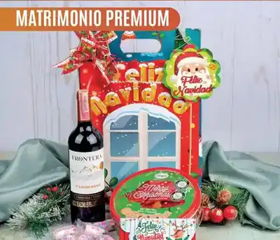 Ancheta navideña Matrimonio Premium de $84.000 con vino Frontera de 750 ml, galletas Greco en lata de 230 gramos y masmelos Millows