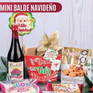 Ancheta navideña Mini Balde Navideño de $42.000 con vino de 750 ml, galletas Noel Antojos, maní La Especial y masmelos en balde de cartón