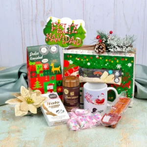 Ancheta navideña de $74.000 con mug blanco marcable con el logo de tu empresa, café Juan Valdez, chocolates Mont Blanc Baileys y almendra francesa Italo