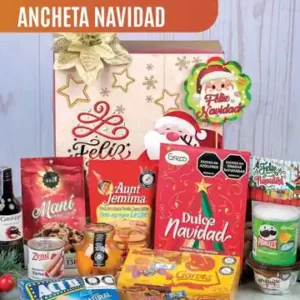 Ancheta navideña Navidad de $110.000 con vino Gato Negro, chocolates Garoto, Pringles, salchicha Zenú, arequipe y bocadillo