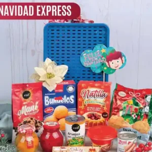 Ancheta navideña Navidad Express de $72.000 con buñuelos, natilla, salchicha Viena, arveja con zanahoria, arequipe y durazno en canasta plástica