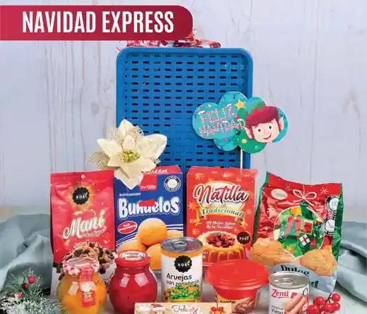Ancheta navideña Navidad Express de $72.000 con buñuelos, natilla, salchicha Viena, arveja con zanahoria, arequipe y durazno en canasta plástica