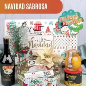 Ancheta navideña Navidad Sabrosa de $125.000 con crema de whisky Baileys de 375 ml, galletas Noel en cofre octagonal, duraznos y maní Golden