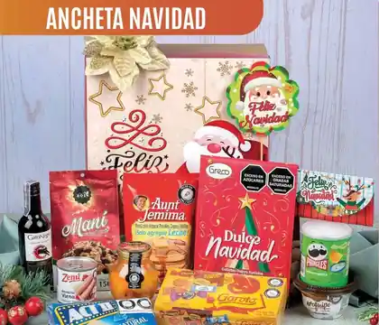 Ancheta navideña Navidad de $110.000 con vino Gato Negro, chocolates Garoto, Pringles, salchicha Zenú, arequipe y bocadillo
