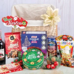 Ancheta navideña de $165.000 con ponqué Bimbo de vino, vino Gato Negro, galletas Merry Christmas Greco en lata y Royal Dansk, en organizador de mimbre