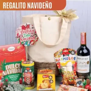 Ancheta navideña Regalito Navideño de $170.000 con bolsa en lona premium marcable, vino Frontera de 750 ml, panettone Bauducco y galletas Greco