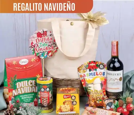 Ancheta navideña Regalito Navideño de $170.000 con bolsa en lona premium marcable, vino Frontera de 750 ml, panettone Bauducco y galletas Greco