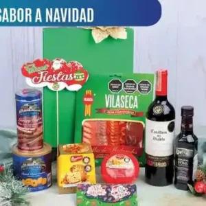Ancheta navideña Sabor a Navidad de $285.000 con vino Casillero del Diablo, mix de curados Vilaseca, aceite de oliva Pons y galletas Royal Dansk