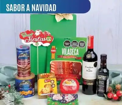 Ancheta navideña Sabor a Navidad de $285.000 con vino Casillero del Diablo, mix de curados Vilaseca, aceite de oliva Pons y galletas Royal Dansk
