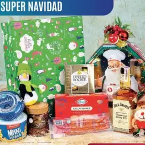Ancheta navideña Super Navidad de $270.000 con whisky Jack Daniel's de 375 ml, Ferrero Rocher, galletas Noel y queso holandés en caja de pasta dura