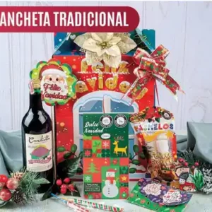Ancheta navideña Tradicional de $36.000 con vino de uva 0 grados de 750 ml, galleta Greco, masmelos y bastones dulces en caja de cartón
