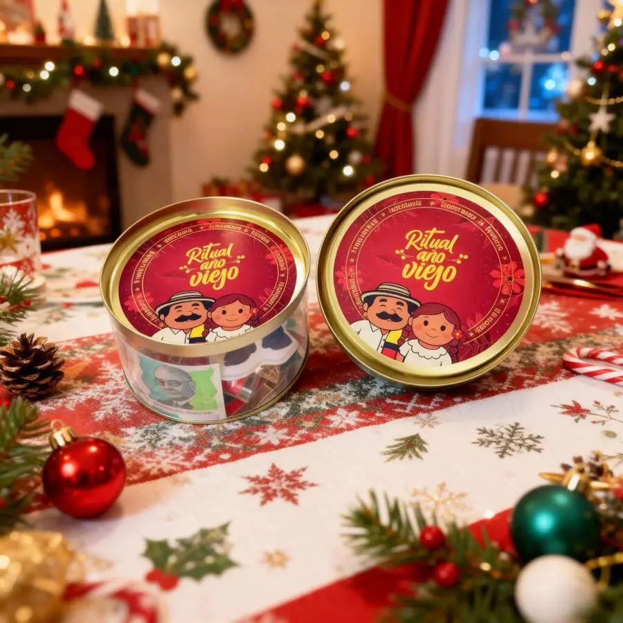 Latas metálicas Ritual año viejo servidas en la mesa de Navidad
