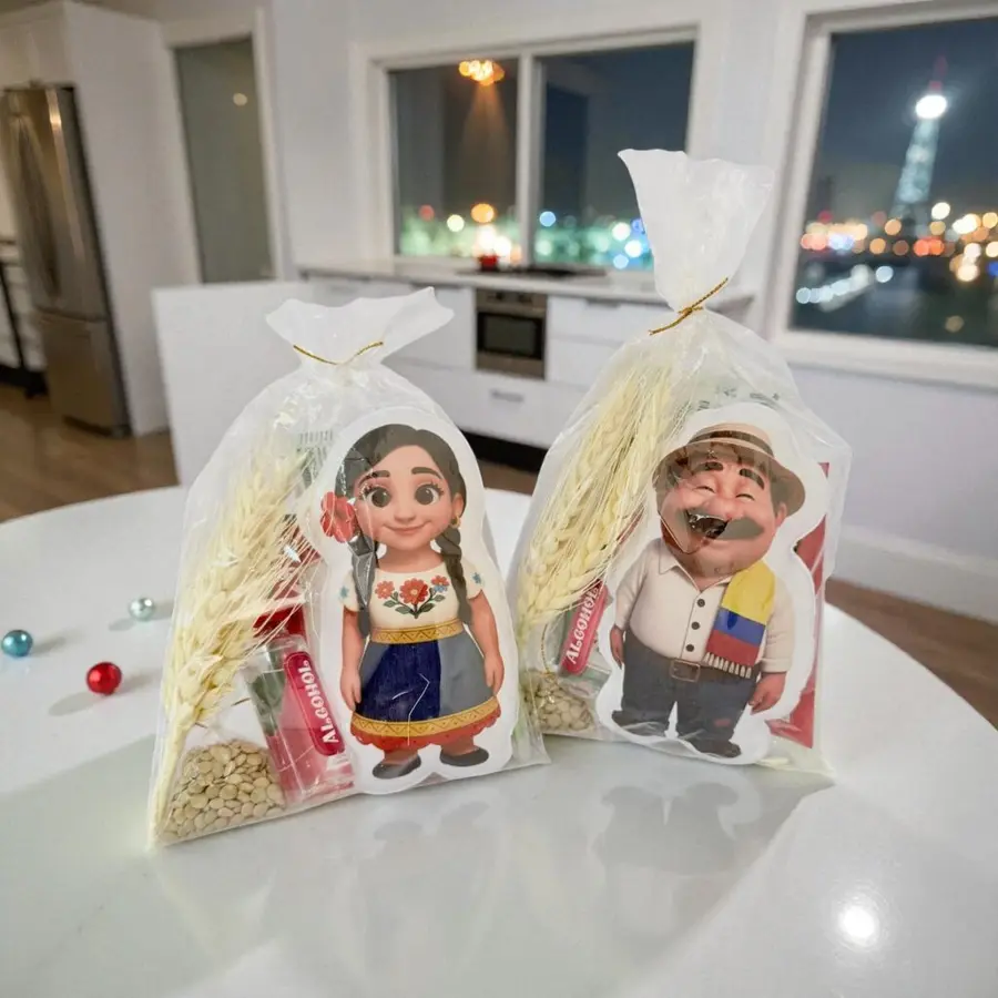 Pancho y Pancha, los dos diseños de muñeco de año viejo, en sus bolsitas con espigas