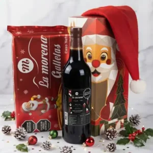 Ancheta navideña Villancico con caja de Papá Noel, gorro rojo de regalo, vino de uva y galletas La Morena